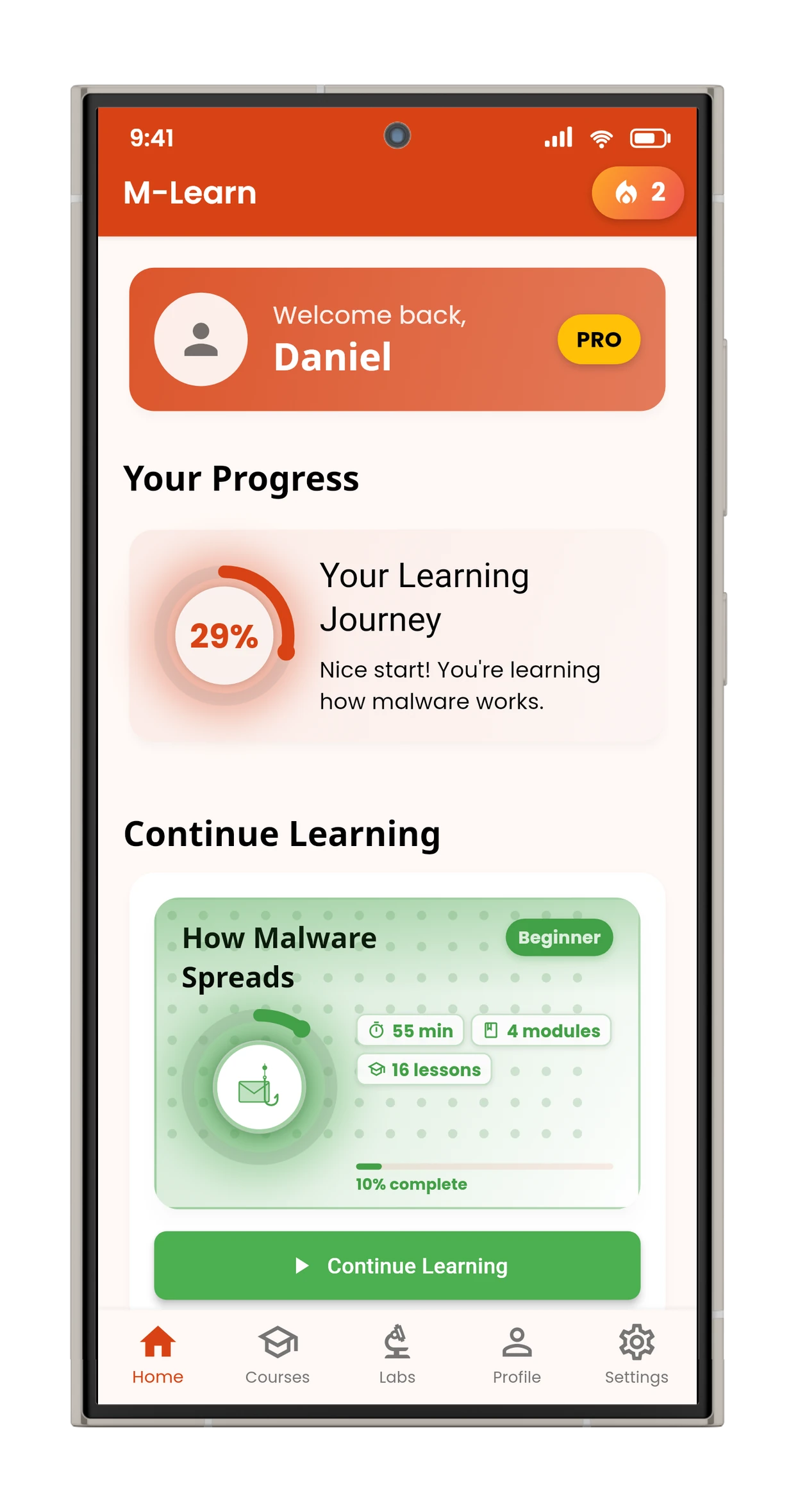 M-Learn home dashboard
